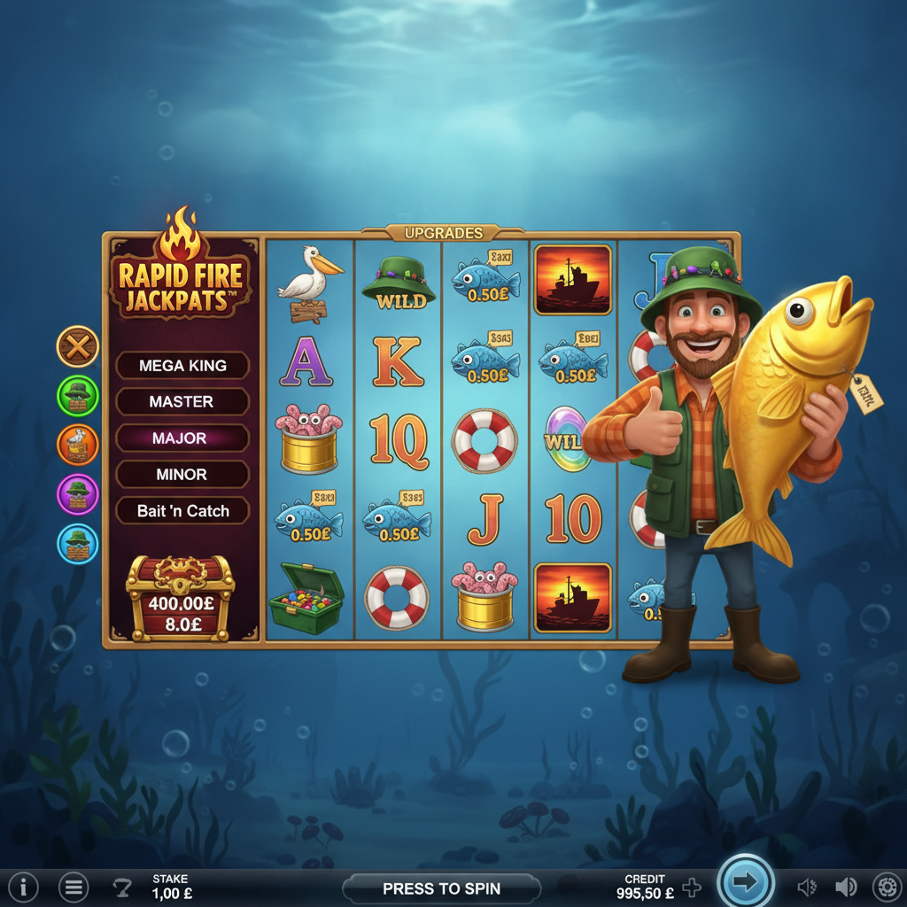 Fishin' Frenzy Even Bigger Fish 2 slot with cartoon fisherman in green bucket hat and orange plaid shirt holding golden fish, 6x4 reel grid with blue ocean background, fishing boat scatter symbols, and pelican symbols