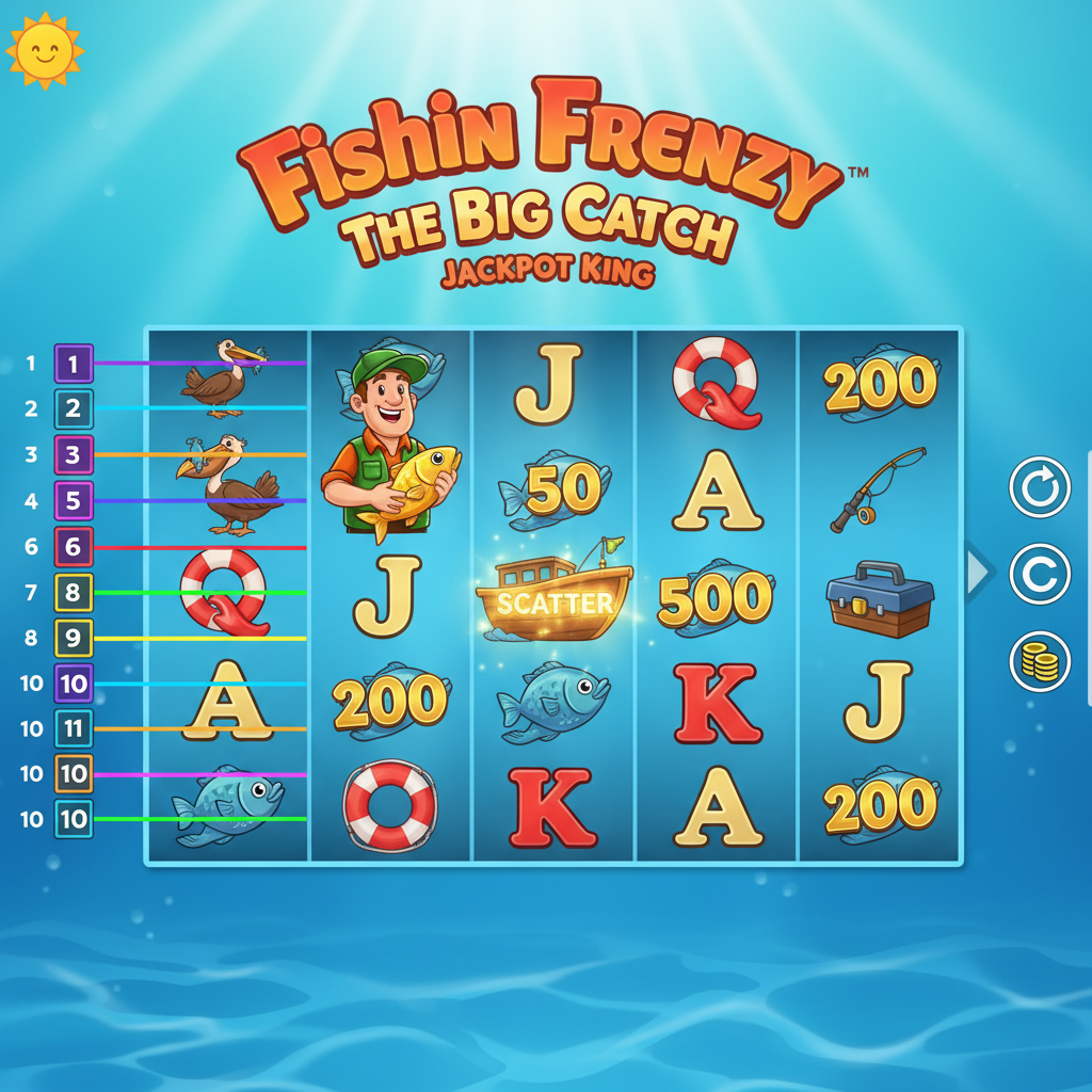 Fishin' Frenzy slot reels showing fisherman wild symbol, boat scatter, pelican and fishing equipment on bright blue underwater background