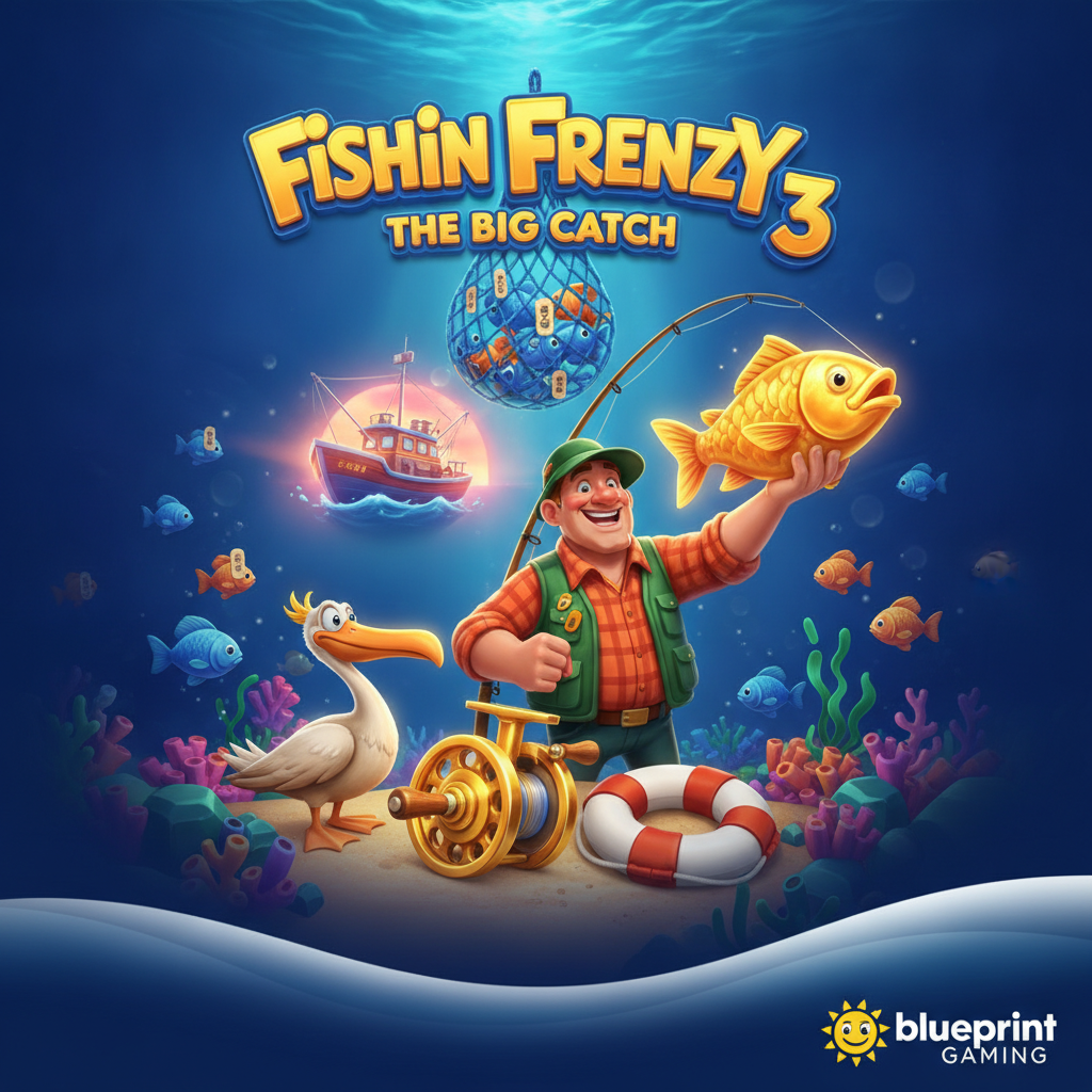 Fishin' Frenzy The Big Catch 3 slot featuring fisherman holding golden fish, pelican, fishing reel, life buoy, and boat scatter symbols with underwater ocean scene