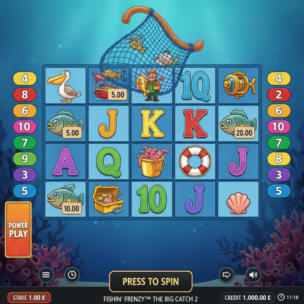 Fishin' Frenzy The Big Catch 2 slot game showing 5x3 reels underwater with colorful fish symbols, fisherman character, fishing boat scatter, and golden value tags on blue ocean background