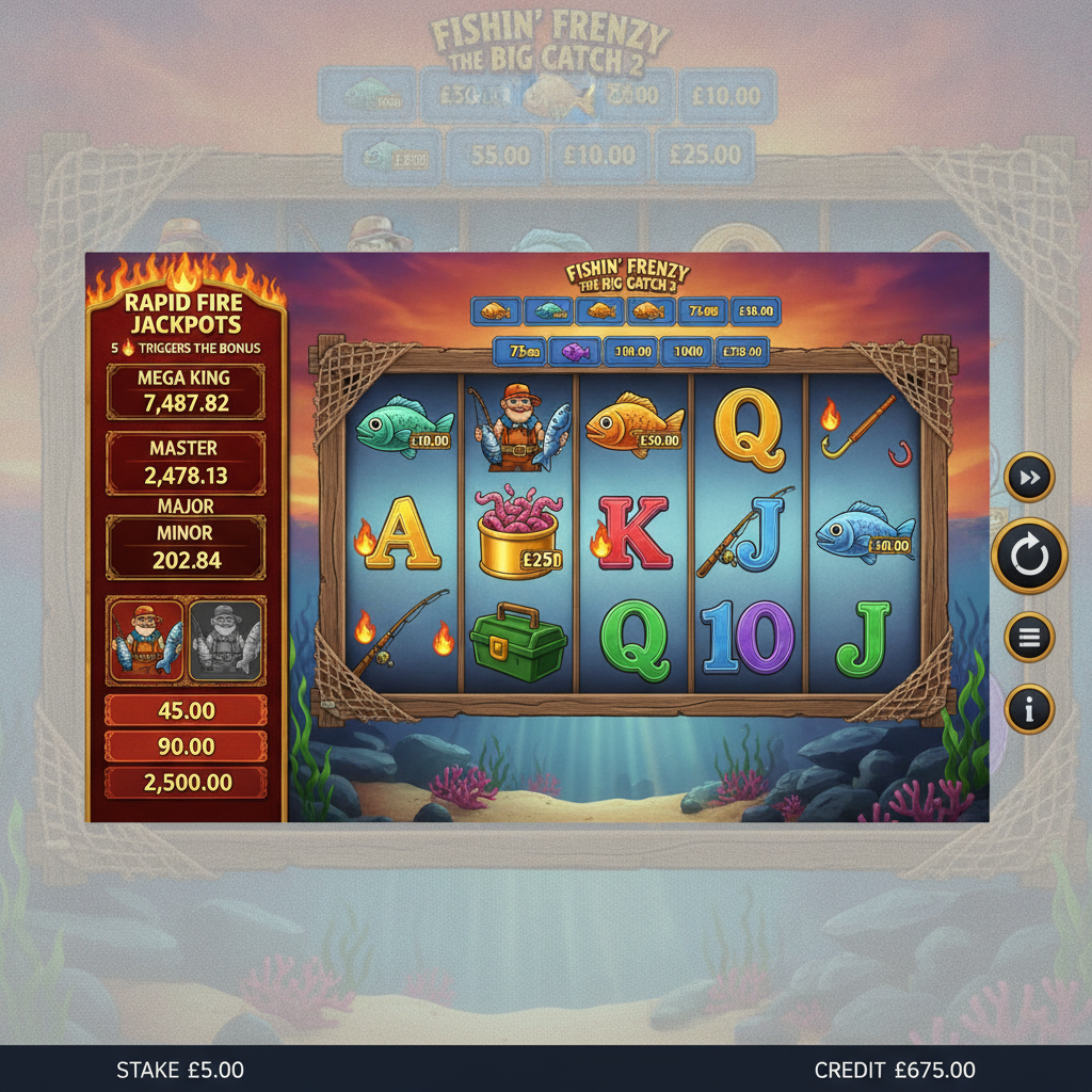 Fishin' Frenzy The Big Catch 2 slot showing underwater ocean scene with sunset, 5x3 reel grid, fisherman wild symbol, fish with cash values, fishing nets, and Rapid Fire jackpot panel