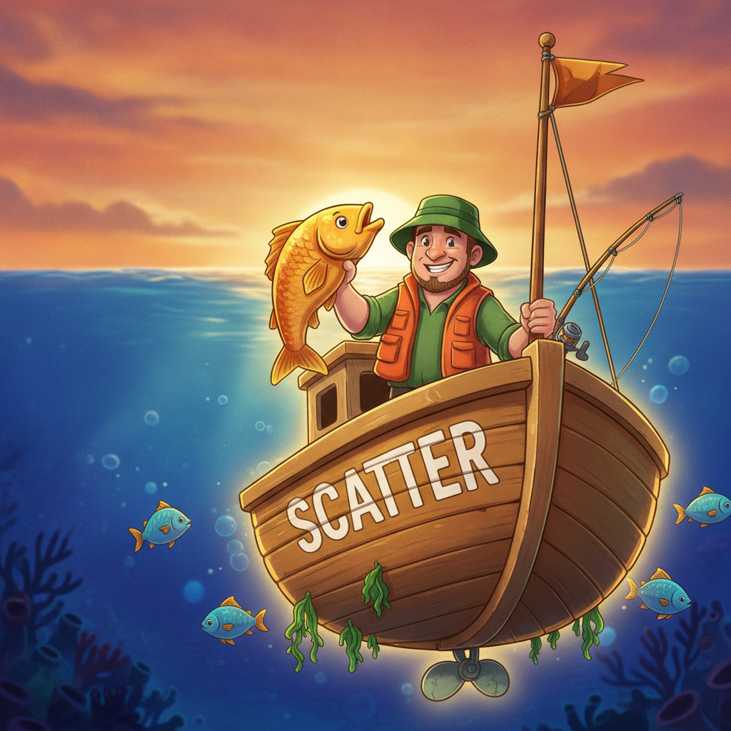 Fishin' Frenzy The Big Catch 3 Rapid Fire slot featuring wooden fishing boat with scatter text, cartoon fisherman holding golden fish and fishing rod, orange sunset ocean theme with blue fish symbols
