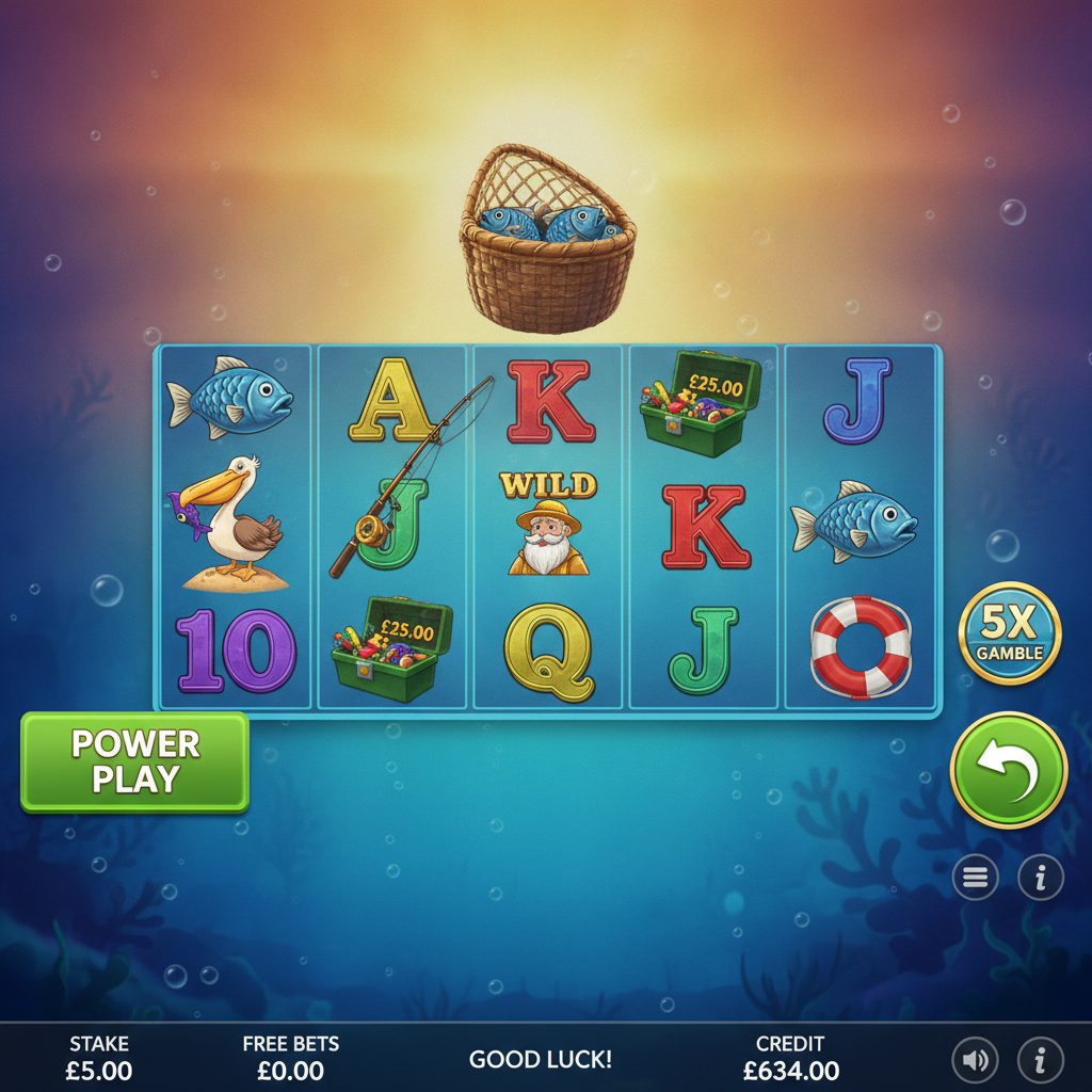 Fishin' Frenzy The Big Catch Gold Spins slot game showing 5x3 reel grid with blue ocean background, sunset sky, fishing net above reels, pelican and fish symbols, Power Play button and Gold Spins feature