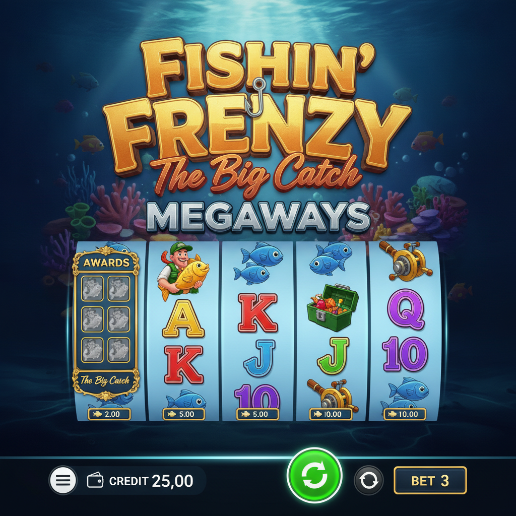 Fishin' Frenzy The Big Catch Megaways slot showing underwater ocean scene with cartoon fish, fisherman character in green vest, fishing equipment symbols, and Megaways reels