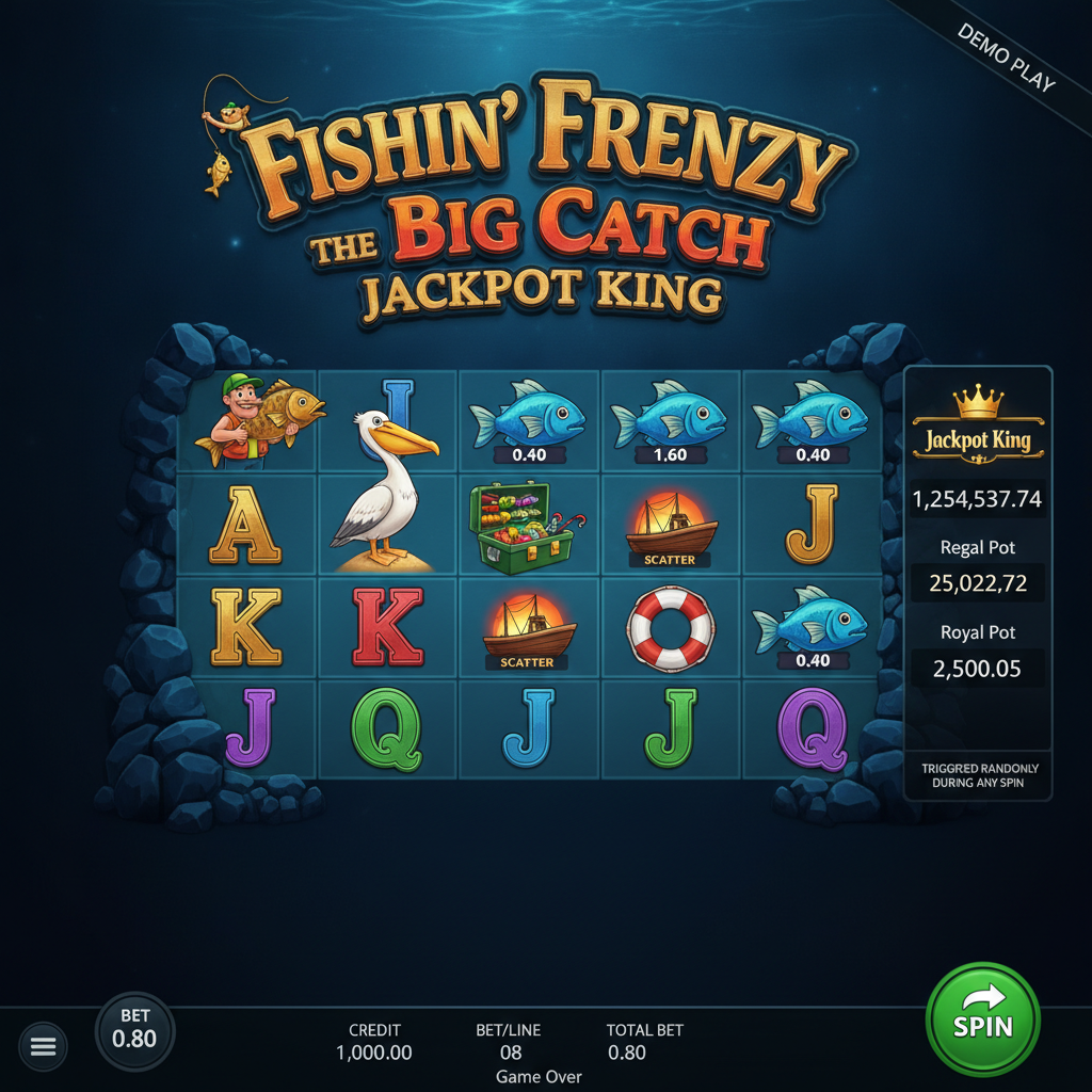 Fishin' Frenzy The Big Catch Jackpot King slot game showing underwater ocean reels with cartoon blue fish, friendly fisherman wild symbol, pelican, tackle box and card symbols against deep blue water background