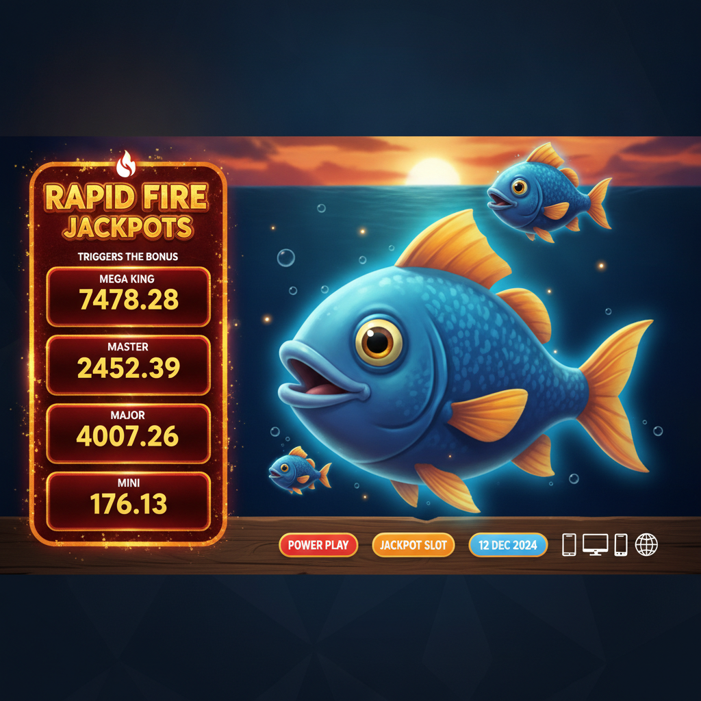 Fishin' Frenzy The Big Catch Rapid Fire slot featuring blue cartoon fish with orange fins, fishing boat scatter symbols, underwater ocean theme with 5 reels and Rapid Fire progressive jackpots