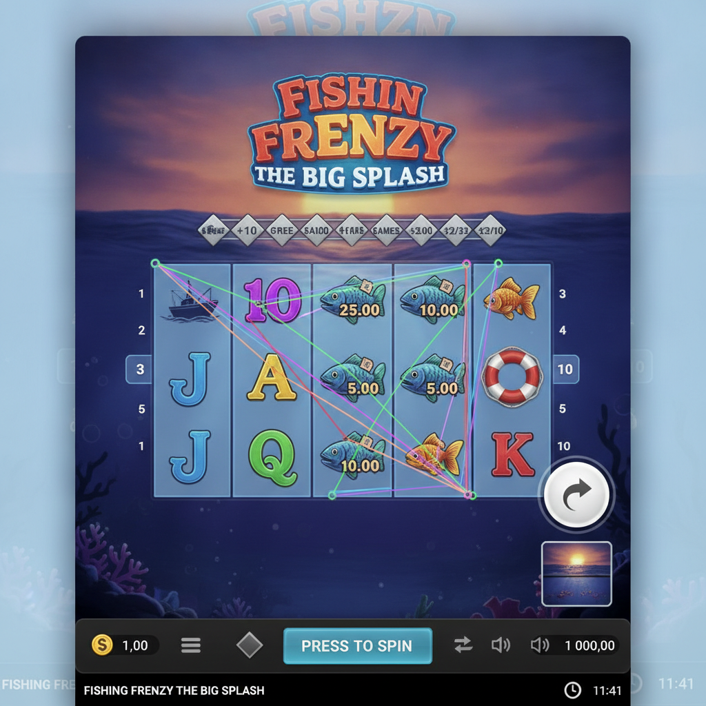 Fishin' Frenzy The Big Splash slot game reels showing fisherman wild symbol, fish with cash values, pelican, life preserver, and sunset scatter symbols on underwater ocean background