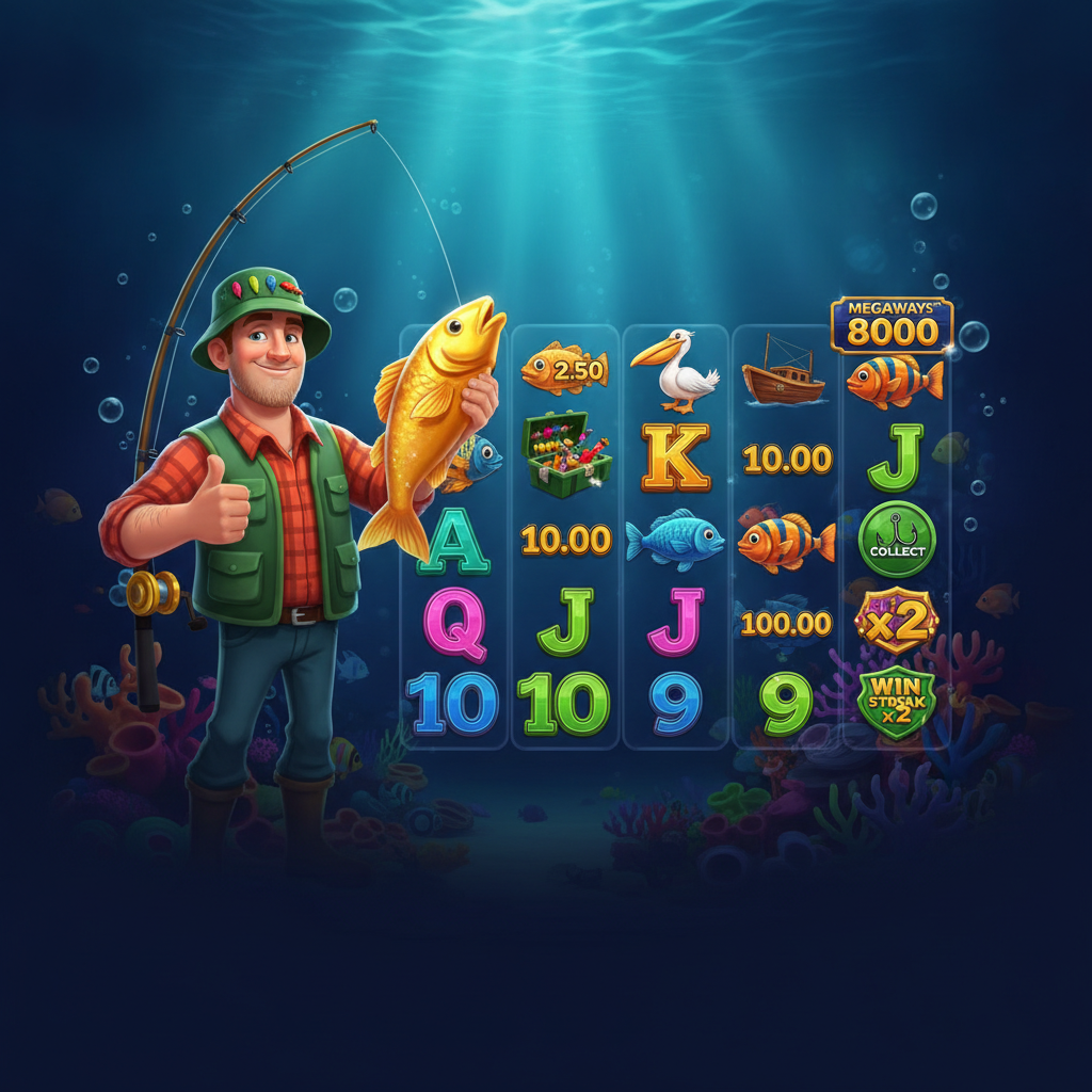Fishin' Frenzy Even Bigger Fish 3 Megaways Rapid Fire slot showing underwater fishing theme with fisherman character, cash fish symbols, and 5-tier Rapid Fire Jackpots