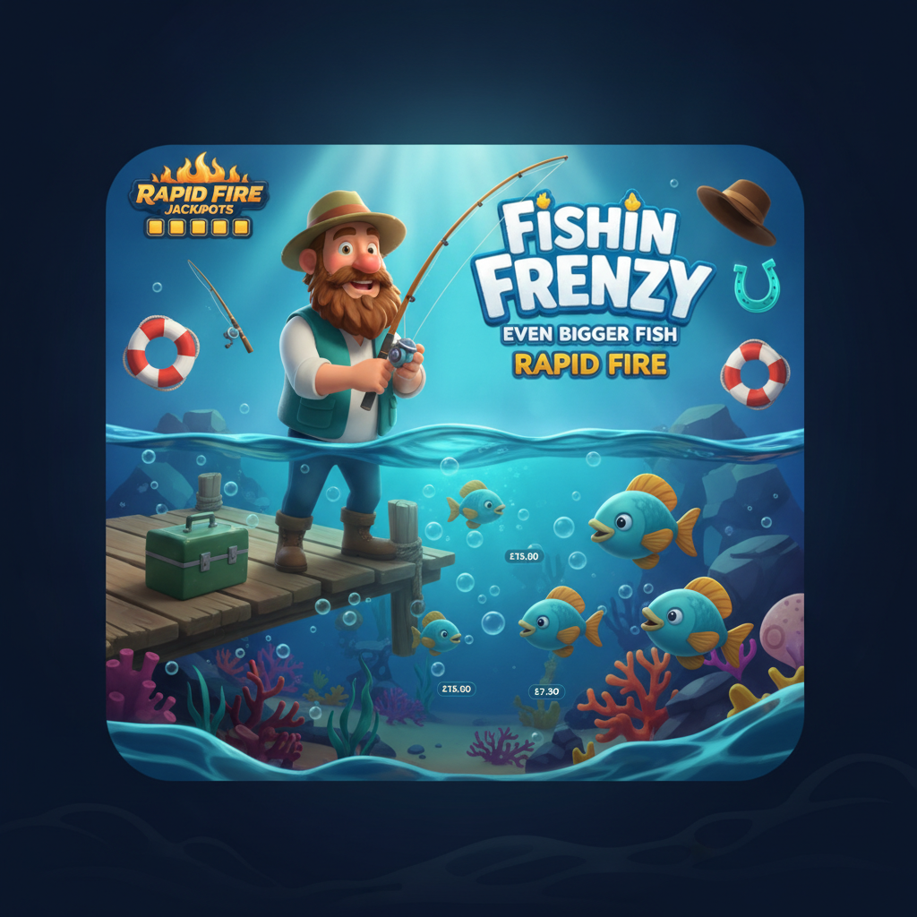 Fishin' Frenzy Even Bigger Fish Rapid Fire slot featuring Frankie the fisherman on a dock with cartoon blue-teal fish, fishing rod, tackle box and life preserver symbols in a bright underwater ocean setting