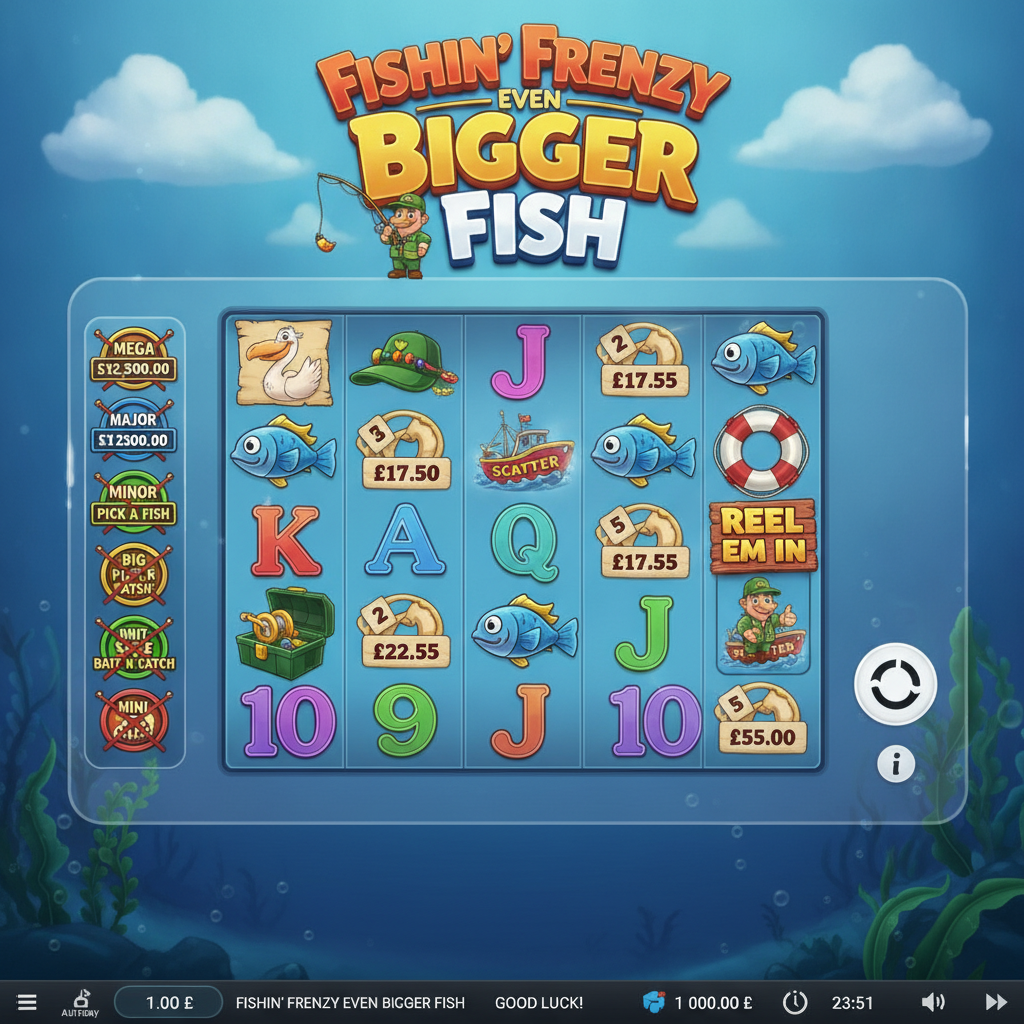 Fishin' Frenzy Even Bigger Fish slot game showing 6x4 reel grid on ocean background with fisherman character Frankie, scatter boat symbols, and colorful cartoon fish