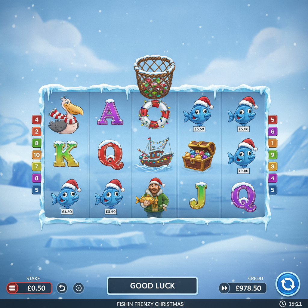 Fishin' Frenzy Christmas slot game showing icy arctic reels with blue fish wearing Santa hats, fisherman wild symbol, scatter boat with Christmas lights, and 5x3 grid with snowfall on frozen ocean background