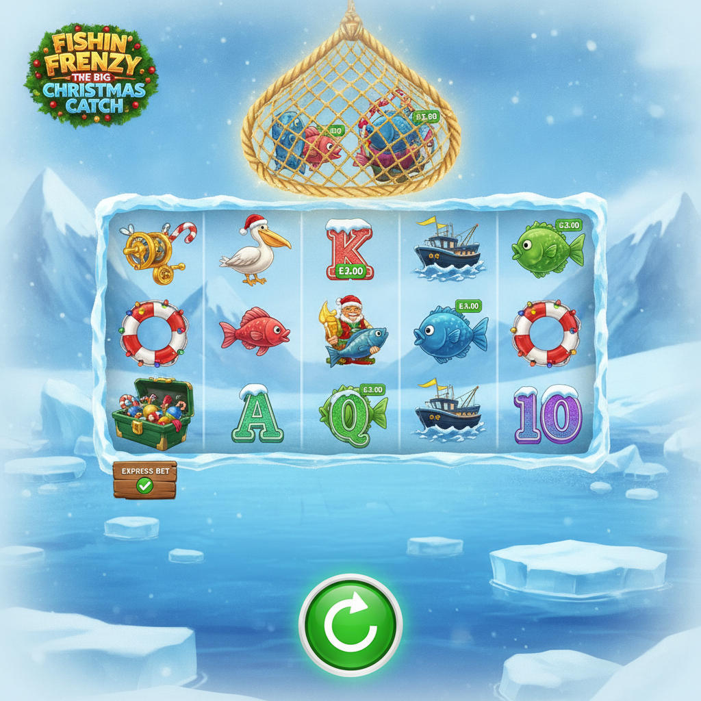 Fishin' Frenzy The Big Christmas Catch Jackpot King slot game showing icy arctic waters, festive fishing trawler scatter symbols, golden fisherman wild, pelican in Santa hat, colorful fish with price tags and Christmas decorations