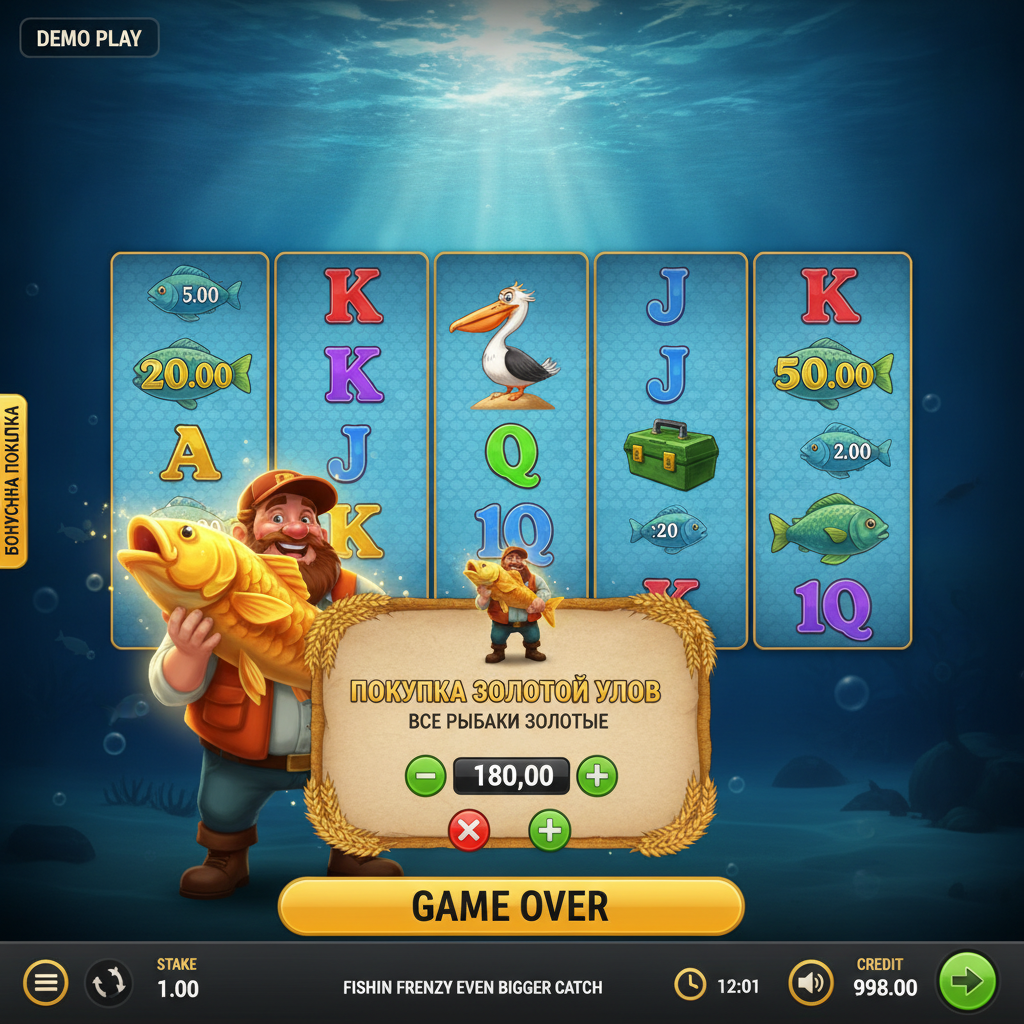 Fishin' Frenzy Even Bigger Catch underwater fishing slot with cartoon fisherman holding golden fish, deep blue ocean background, fish symbols with prize values, tackle box and pelican