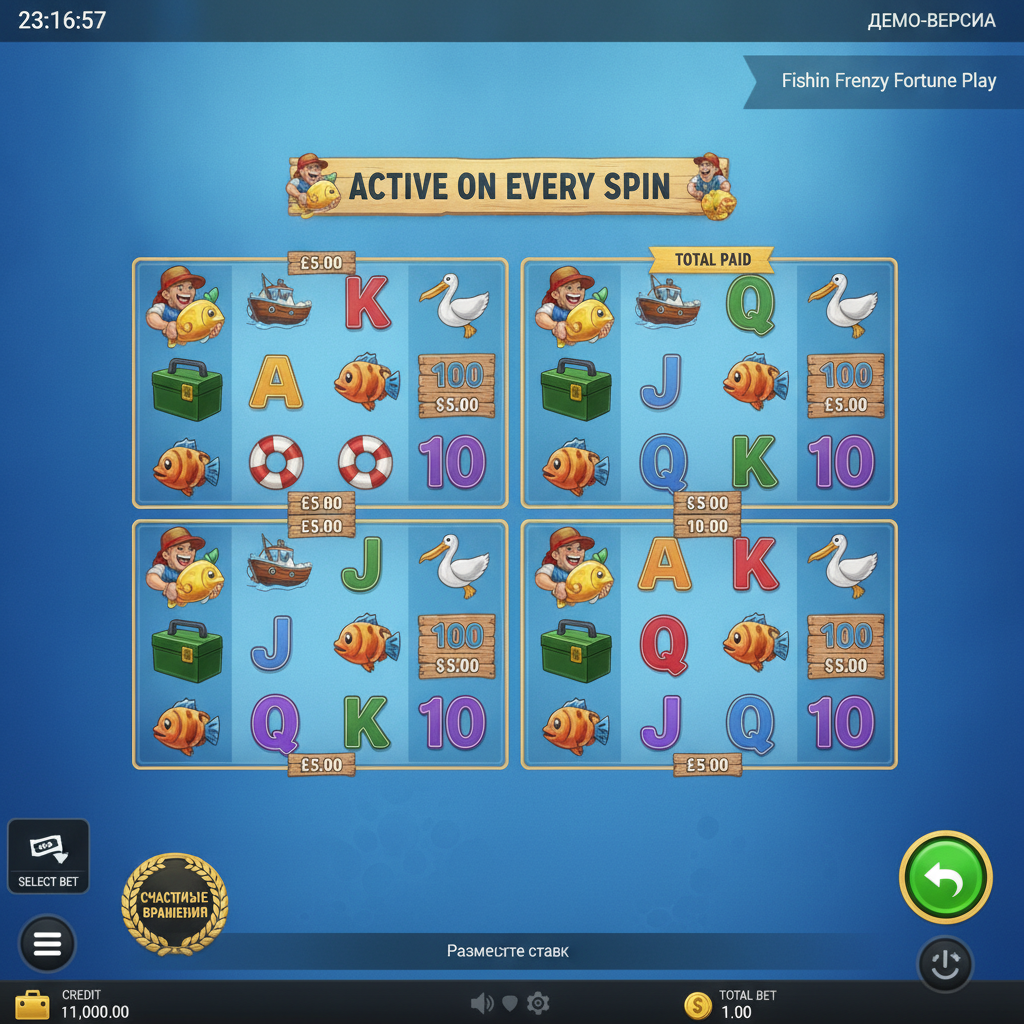 Fishin' Frenzy Fortune Play slot showing underwater ocean theme with 4-window Fortune Play layout, fisherman wild symbol holding golden fish, fishing boat scatter, and multiple fish symbols with cash values