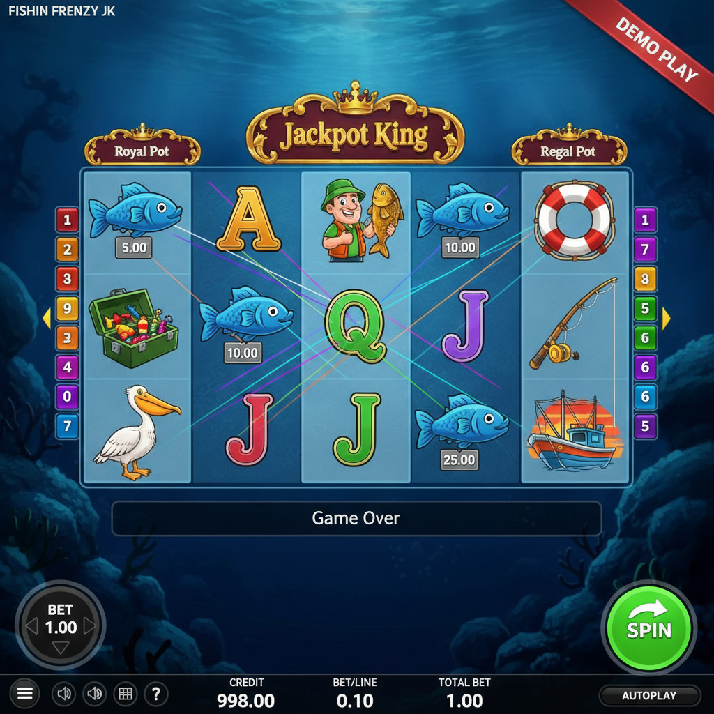 Fishin' Frenzy Jackpot King slot game showing 5 reels with cartoon fishing theme, underwater ocean background, fisherman symbol holding golden fish, blue fish with prize values, pelican, tackle box, life ring symbols on bright blue reels