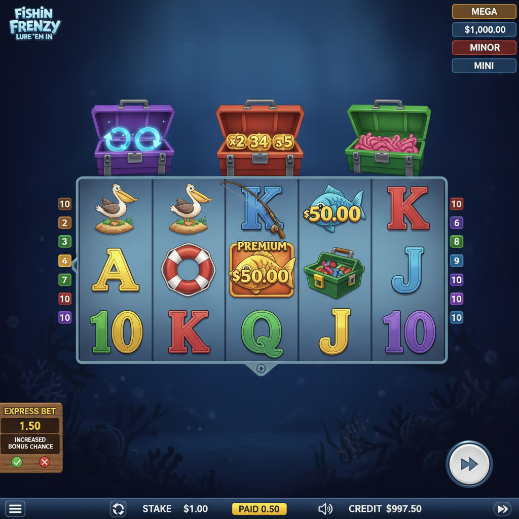 Fishin' Frenzy Lure 'Em In slot game featuring 5x3 underwater reels, three colored tackle boxes above the grid, fisherman wild symbol collecting cash prize fish, and Blueprint Gaming's signature fishing theme with deep blue ocean background