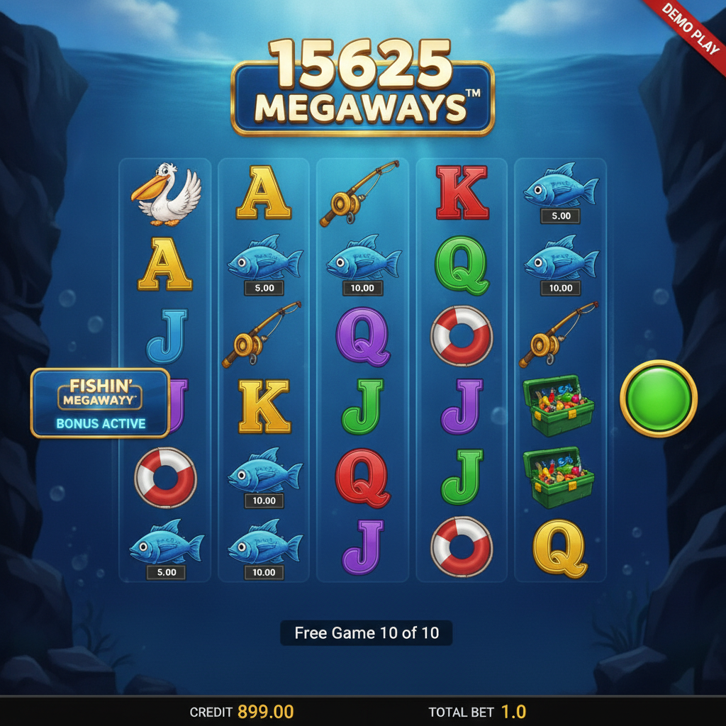 Fishin' Frenzy Megaways slot with 6 reels, underwater ocean scene, cartoon fisherman, pelican, tackle box, life buoy, and fishing themed symbols