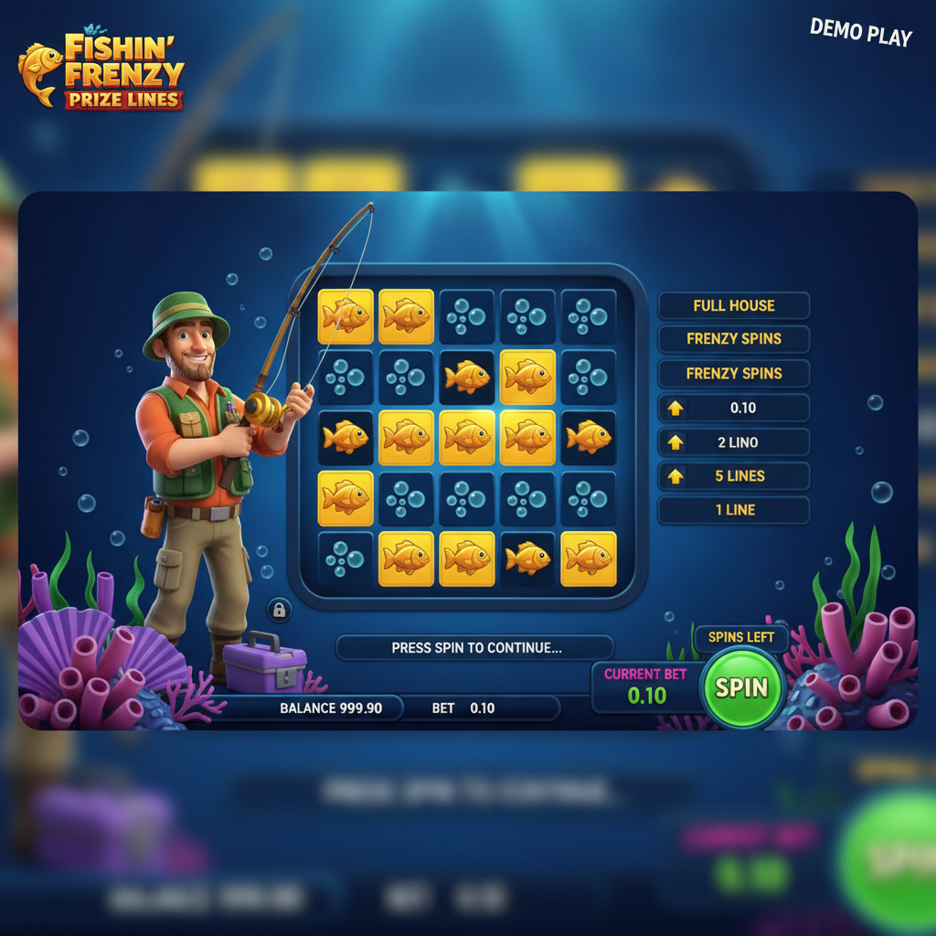 Fishin' Frenzy Prize Lines slot game showing 5x5 grid with golden-orange fish symbols on yellow tiles and blue bubble symbols underwater with fisherman character