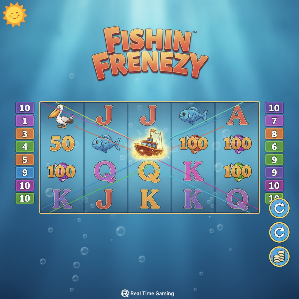 Fishin' Frenzy 5-reel slot with underwater ocean scene, smiling sun, fishing boat scatter symbol, pelican and fisherman wild on bright blue water background