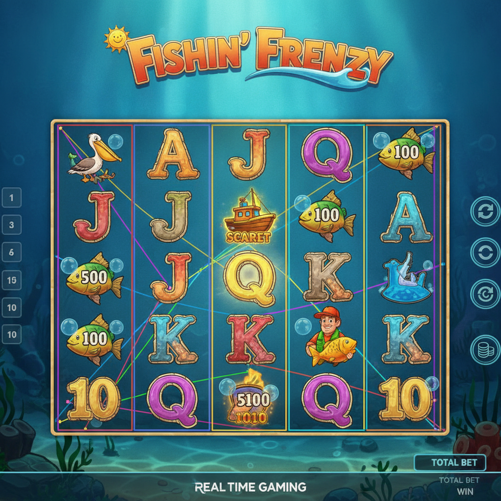Fishin' Frenzy slot game showing 5x3 reels with underwater ocean scene, fishing boat scatter symbol, pelican, fisherman wild, and bright blue water with sunlight