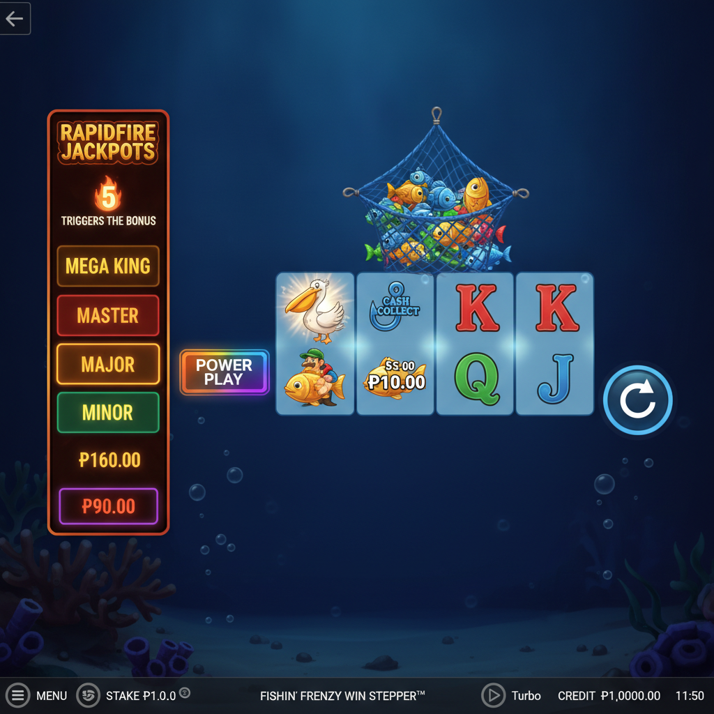 Fishin' Frenzy Win Stepper underwater fishing theme with 3x3 reels, blue fishing net, pelican wild, fisherman symbols, and Rapid Fire Jackpots panel